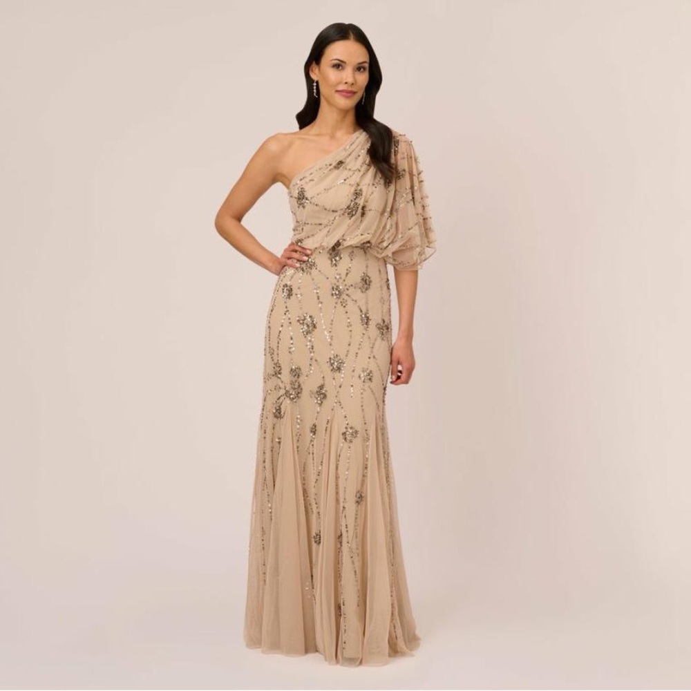 Adrianna Papell One-Shoulder Beige Gown, beaded
